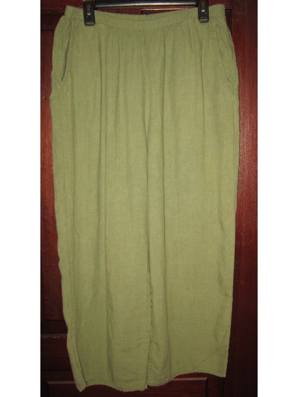 FLAX Plus Sz 1G 1X Linen Pants Slacks Wide Cropped Green Elastic Pockets Pull On